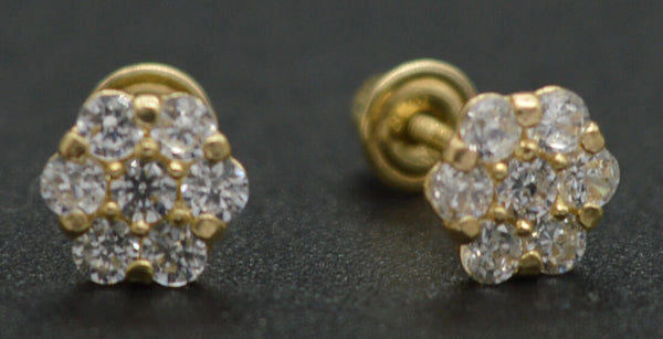 14k Solid Yellow Gold Created Diamond Floral Stud Earrings ScrewBack