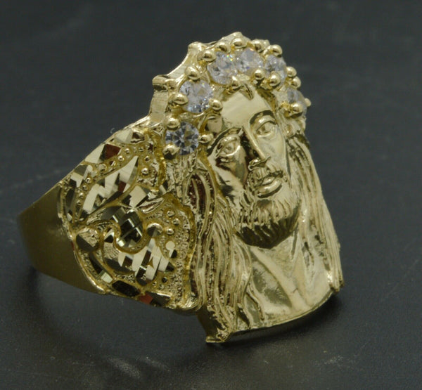 Real Solid 10K Yellow Gold Mens Jesus Head Nugget cz Ring 21mm 4gr  ALL Sizes