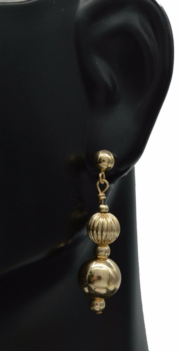 New 14K Solid Yellow Gold 8mm Shiny&corrugated Bead Drop Dangle Earrings