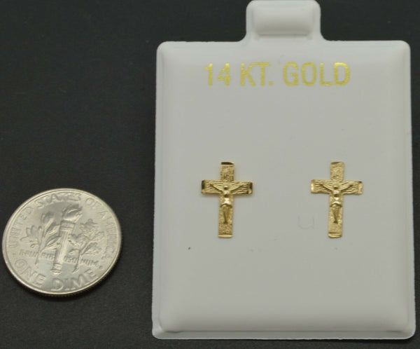 14K Solid Yellow Gold Crucifix Cross Stud Earrings
