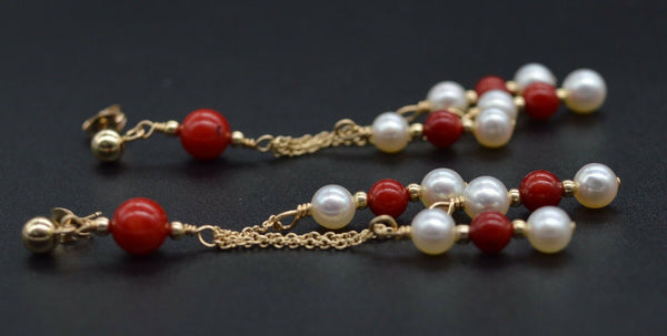 New 14K Solid Gold Natural Coral & Pearl Chandelier Dangle Earrings