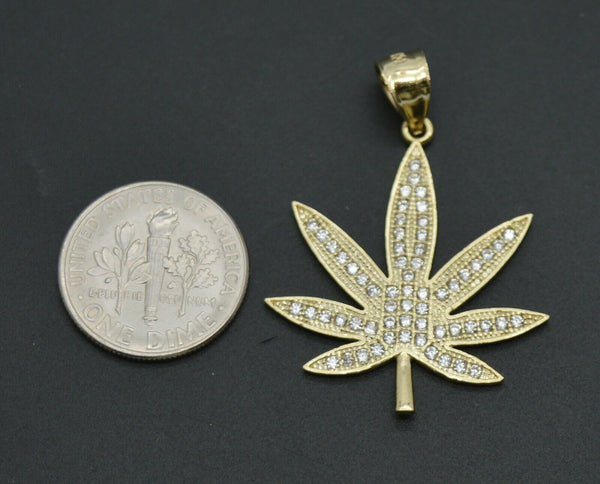 10K Solid Gold CZ 7 Cannabis Leaf Marijuana Pendant + Chain 16"-24"