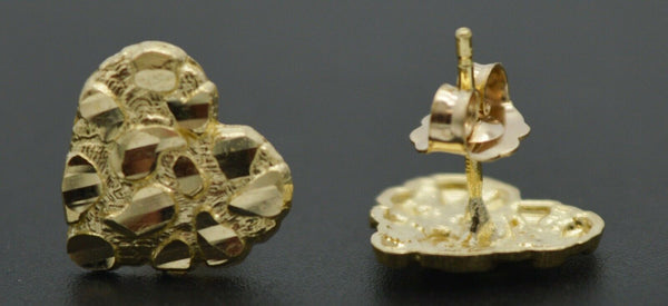 Real 10K Yellow Gold Small Heart Shape Nugget Diamond Cut Stud Earrings 10.4mm.jpg