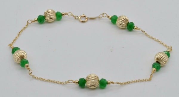 NEW 14K Solid Yellow Gold Green Emerald & Corrugated Ball Bead Bracelet 8".jpg