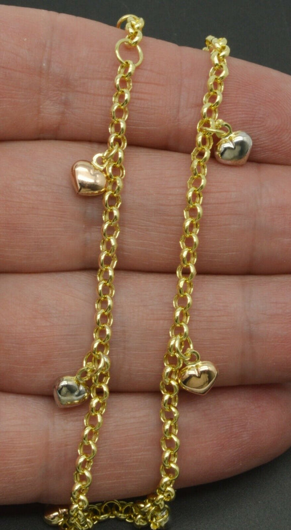 Real 10K multi color Gold rolo Link Heart Charms Ankle Bracelet  9''-10''.jpg