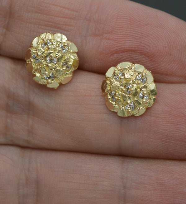 Real 10K Yellow Gold C Z Round Nugget Stud Diamond Cut Earrings 11mm.jpg