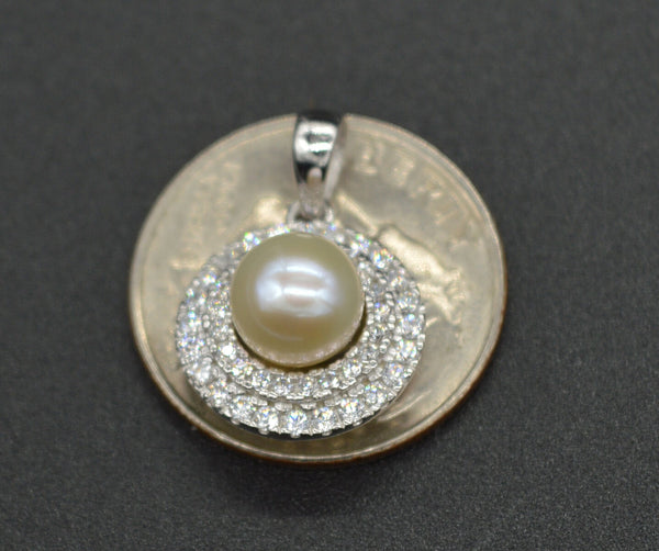 14k White solid Gold Round Cut Halo Culture pearl Created Diamond Pendant