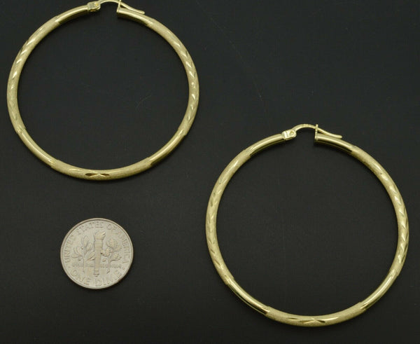 10k Solid Yellow Gold big Large hoop Diamond Cut Earrings 2'' 50mm x2MM 2.7GR
