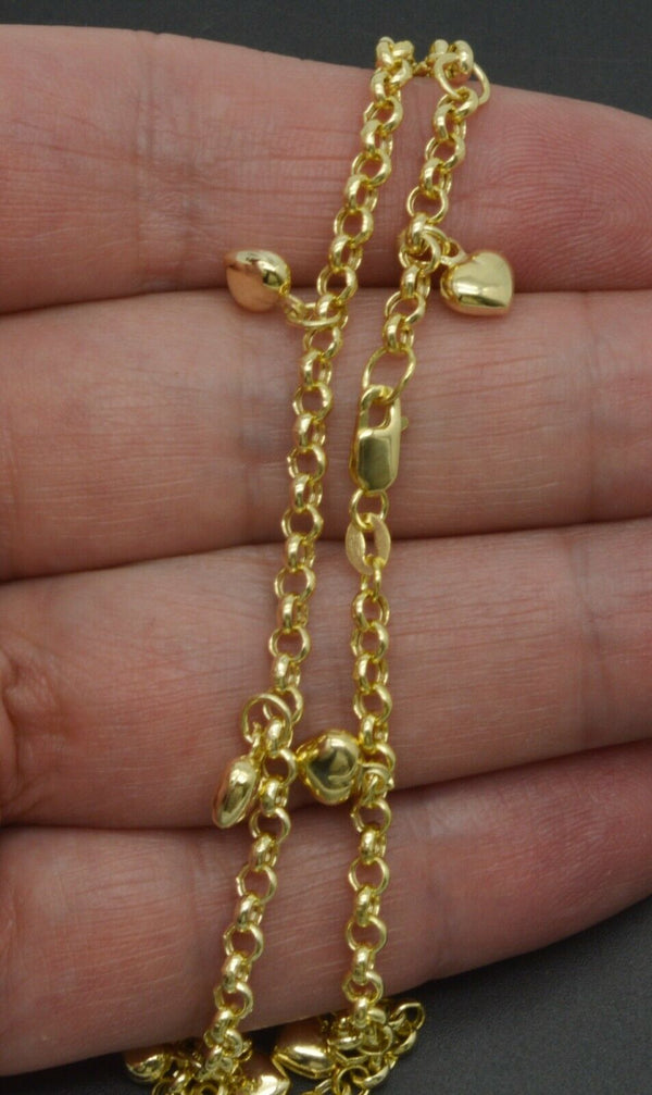 Real 10K Yellow Gold Rolo Link Heart Charms Ankle Bracelet  9''-10'' .jpg