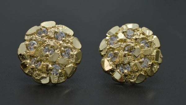 Real 10K Yellow Gold C Z Round Nugget Stud Diamond Cut Earrings 15mm.jpg