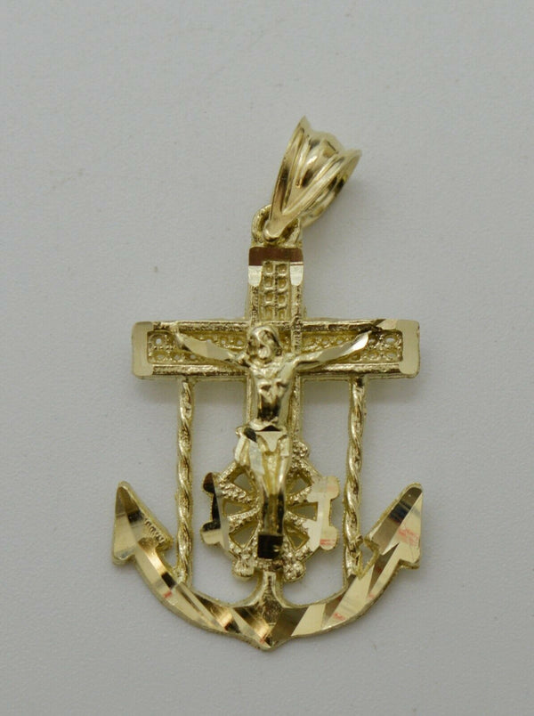 Real 10K Yellow Gold Jesus Body Anchor Diamond Cut Pendant + Rope Chain 16"-24"
