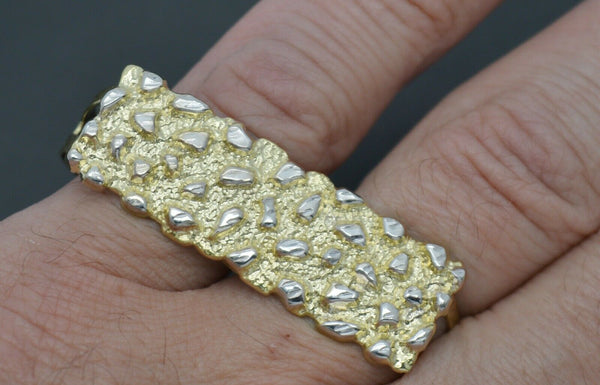 Real 10K Yellow White Gold Men's Rectangular Nugget Diamond Cut Two Finger Ring