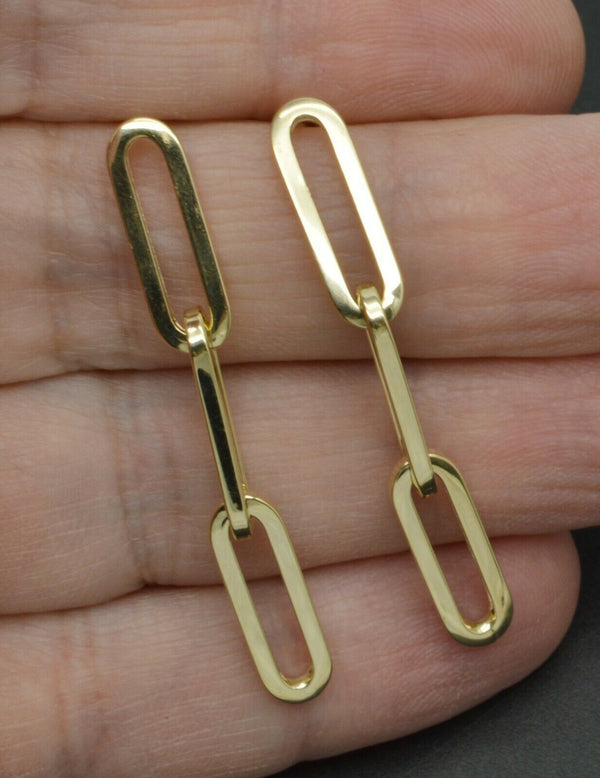 14k Yellow Solid Gold 3 Link Paper clip Drop polished 1.75'' Earrings