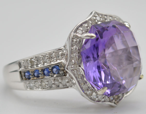 #JR268 NEW 14K White Gold Purple Amethyst & Sapphire size 7 Diamond Ring