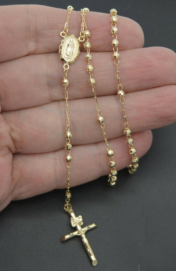 10k Solid Yellow Gold Rosary virgin Mary Jesus Cross Necklace 24'' 6.2 gr