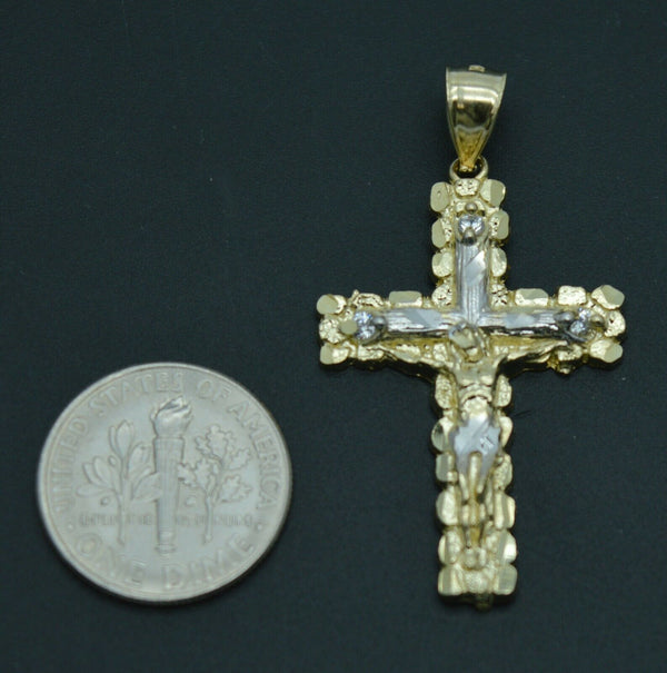 Real 10k Yellow Gold Jesus Crucifix Cross Diamond Cut Pendant + Chain