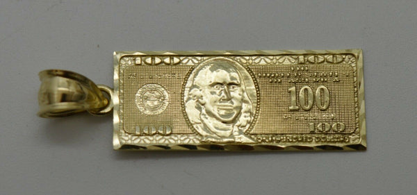 Real 10K Yellow Gold Diamond-Cut One Hundred Dollar Bill Pendant + Chain 16"-24"