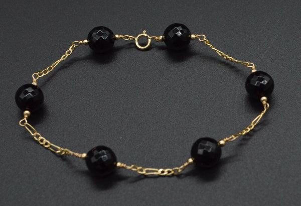 NEW 14K Solid Yellow Gold Faceted Onyx Black Bracelet 7.5".jpg