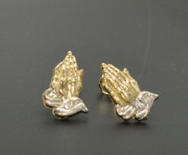 Real 10K Yellow White Gold Two-Tone Diamond Cut Praying Hands Stud Earrings