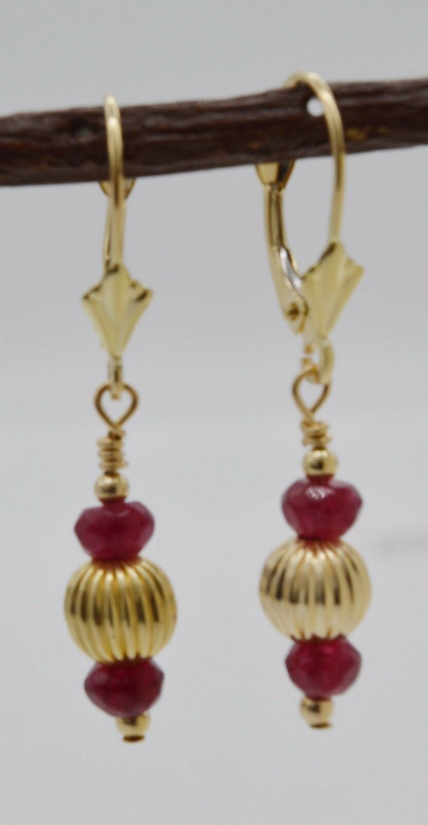 New 14K Solid Gold Natural Ruby and Corrugated Beaded Leverback Earrings
