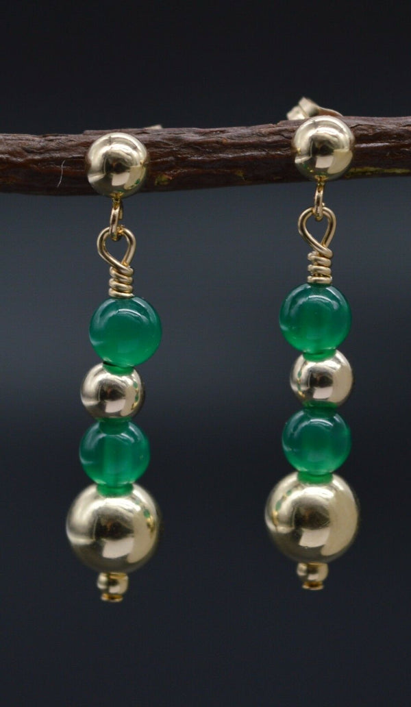#BE-163 New 14K Solid Gold Natural Green Quartz Bead Drop Earrings