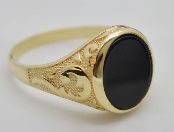 Real Solid 14K Yellow Gold Oval Close Black Enamel Shiny Signet 4.7gr Ring