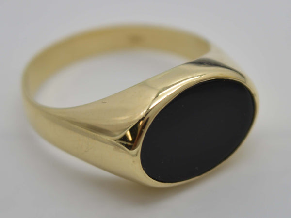 Real Solid 14K Yellow Gold Oval Close Black Enamel Shiny Signet 5.3gr Ring