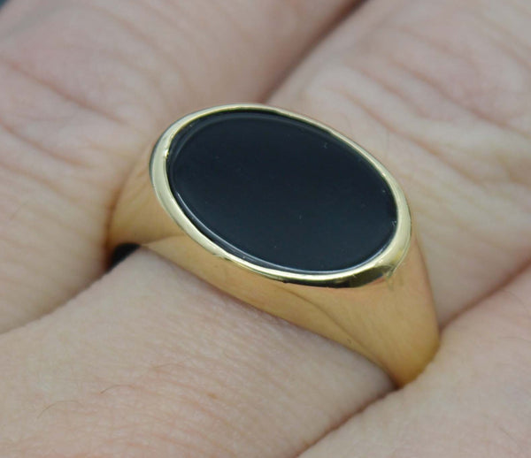 Real Solid 14K Yellow Gold Oval Close Black Enamel Shiny Signet 5.3gr Ring