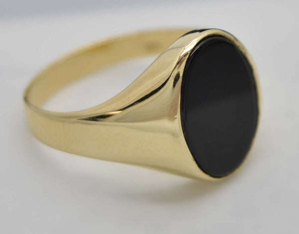 Real Solid 14K Yellow Gold 4.6mm Oval Close Black Enamel Shiny Signet 15gr Ring