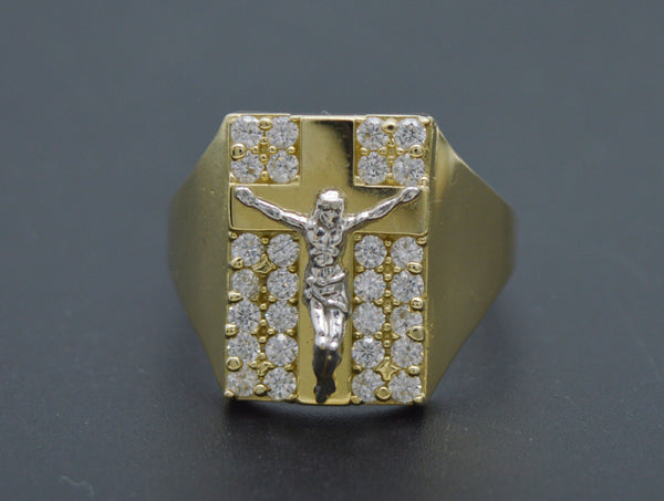 Real Solid 10K Yellow White Gold CZ Jesus Crucifix Ring 4.3gram All Sizes