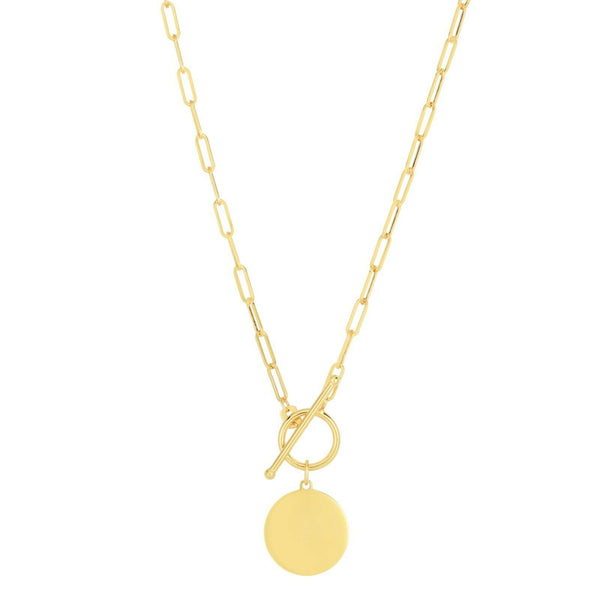 14K Yellow Gold 18" Circle Disc Paperclip Chain Toggle Closure 3.3gr Necklace