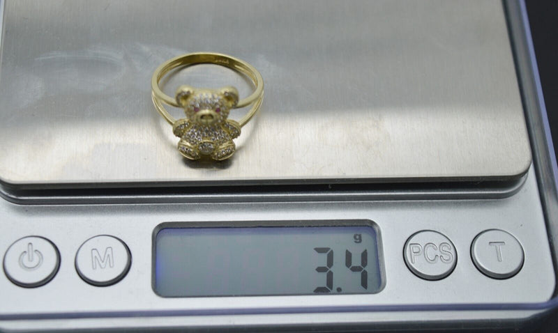 Real 10K Solid Yellow Gold Shiny CZ Teddy Bear Charm Ring 3.4gr All Sizes