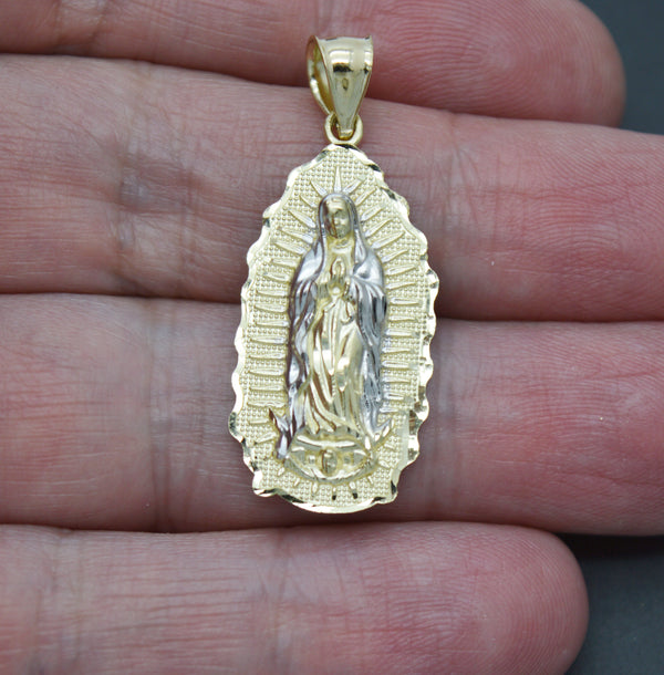 Real 10K Yellow White Gold Lady Guadalupe Virgin Mary Medallion Pendant 2.6grams