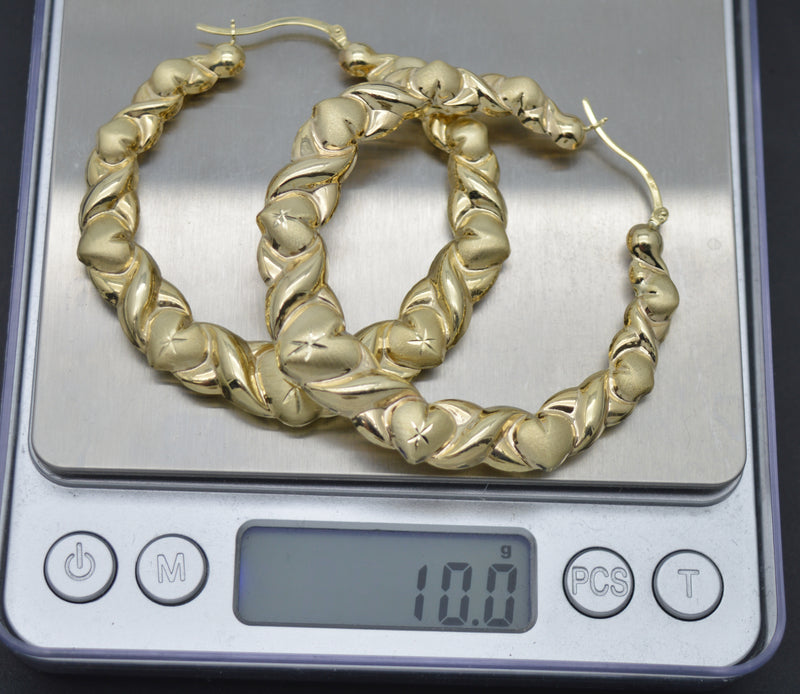 Real 10K Solid Yellow Gold 62mm Twisted Heart Diamond Cut Hoop Earrings 10.0gr