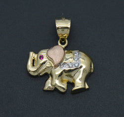 Real 10K Solid Tri-Color Gold Shiny Pink Eyes Elephant CZ Charm Pendant 2.7grams