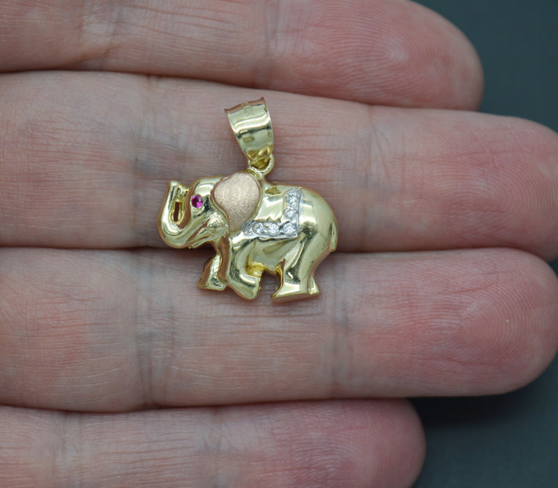 Real 10K Solid Tri-Color Gold Shiny Pink Eyes Elephant CZ Charm Pendant 2.7grams