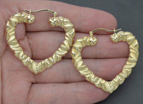 Real 10K Yellow Gold 47.8mm Diamond Cut Puffed Heart Shape Hoop Earrings 5.6gr