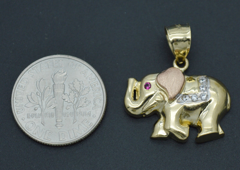 Real 10K Solid Tri-Color Gold Shiny Pink Eyes Elephant CZ Charm Pendant 2.7grams