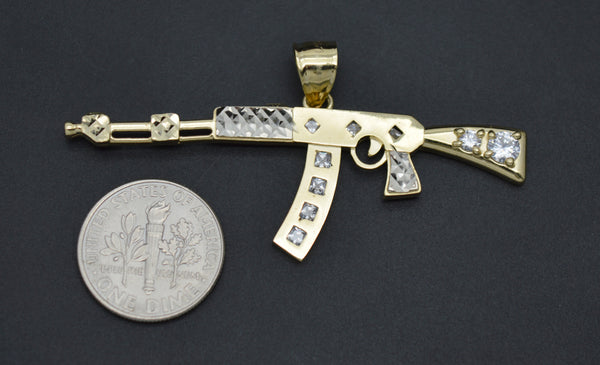 Real 10K Solid Yellow Gold 56.7mm Shiny AK-47 CZ Machine Gun Rifle Pendant 3.4gr