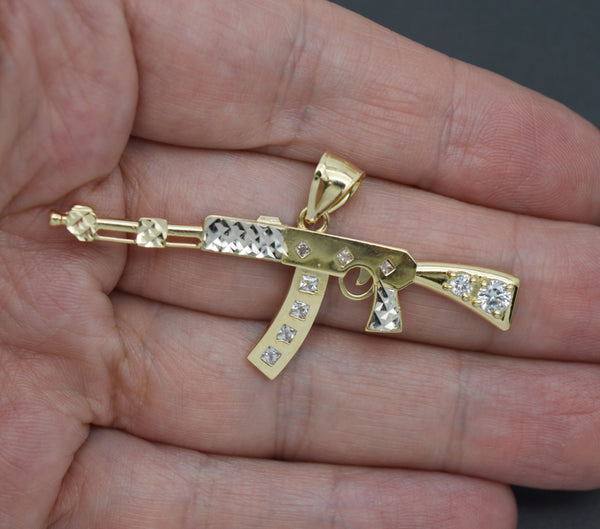 Real 10K Solid Yellow Gold 56.7mm Shiny AK-47 CZ Machine Gun Rifle Pendant 3.4gr