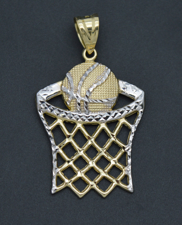 Real 10K Two-Tone Gold 41mm Diamond Cut Basketball Hoop Net Sport Pendant 2.0gr