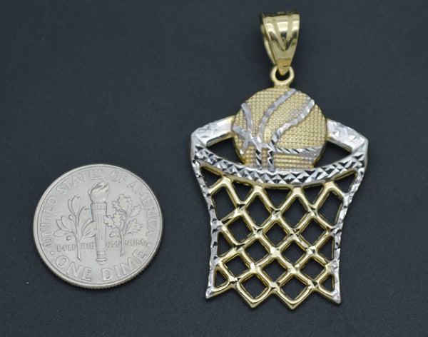 Real 10K Two-Tone Gold 41mm Diamond Cut Basketball Hoop Net Sport Pendant 2.0gr