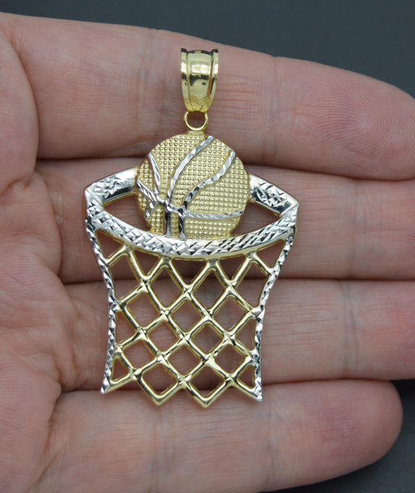 Real 10K Two-Tone Gold 54mm Basketball Hoop Net Sport Diamond Cut Pendant 3.8gr