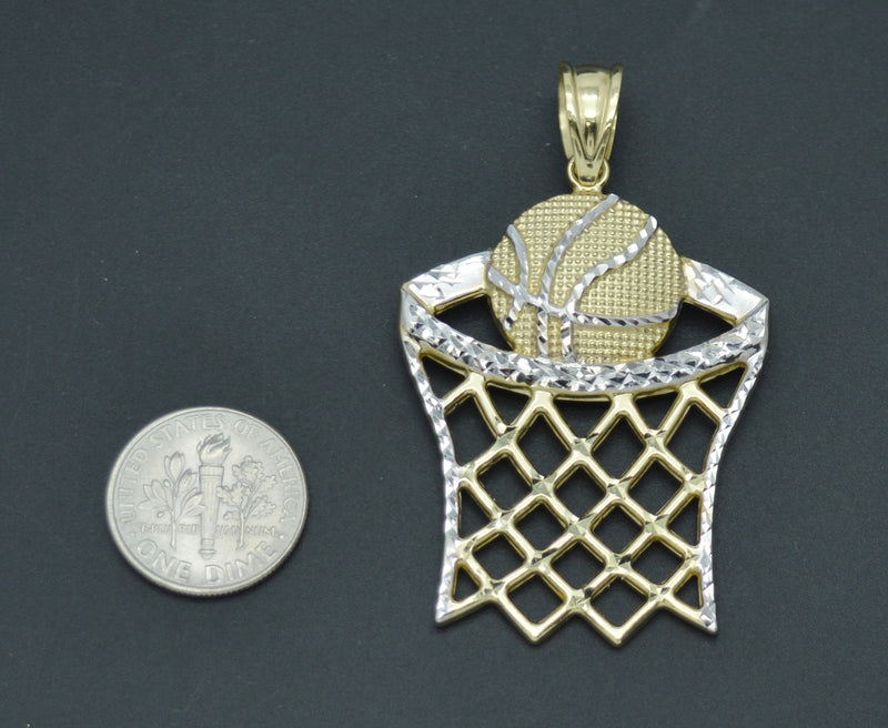 Real 10K Two-Tone Gold 54mm Basketball Hoop Net Sport Diamond Cut Pendant 3.8gr