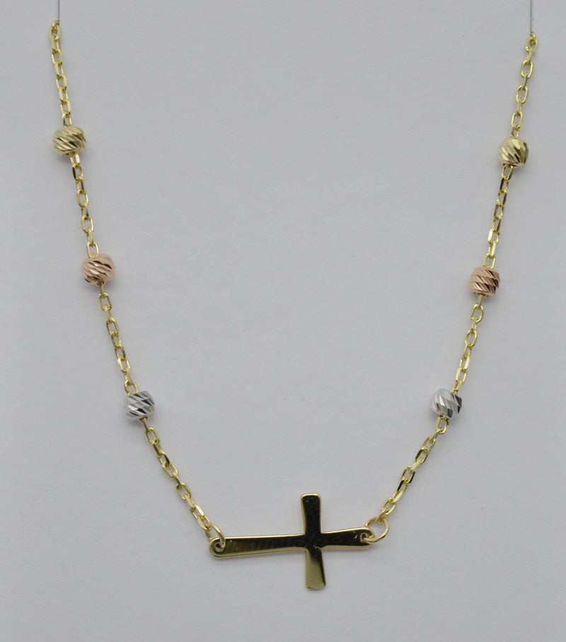 Real 14K Tri-color Gold Beads 16/18" Jesus Cross Cham Necklace 1.8 grams