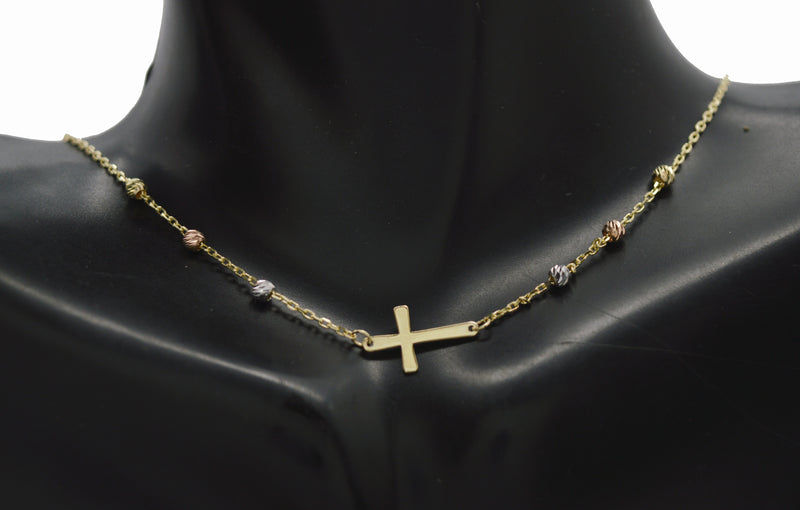 Real 14K Tri-color Gold Beads 16/18" Jesus Cross Cham Necklace 1.8 grams