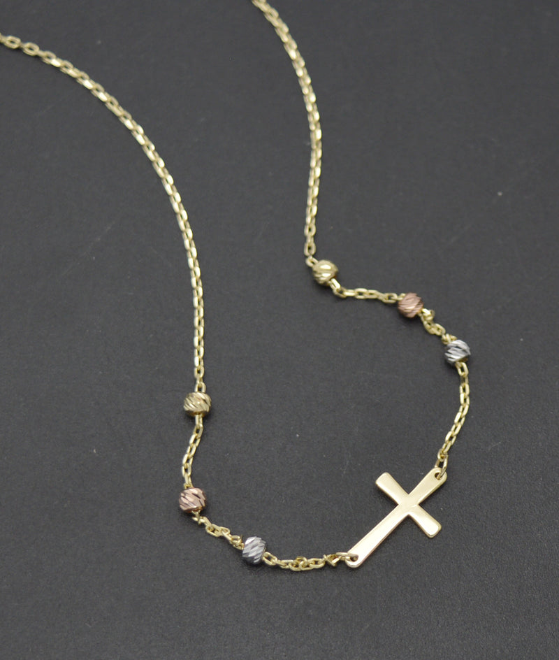 Real 14K Tri-color Gold Beads 16/18" Jesus Cross Cham Necklace 1.8 grams