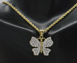 Real 10K Yellow Solid Gold Shiny CZ Charm Butterfly Pendant + Rope Chain 16"-24"