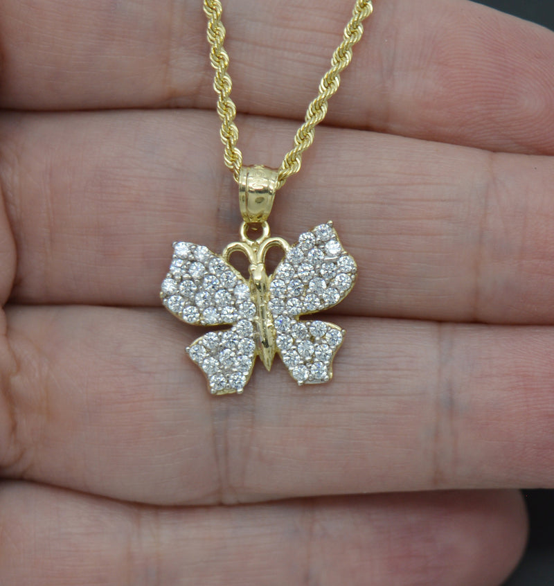 Real 10K Yellow Solid Gold Shiny CZ Charm Butterfly Pendant + Rope Chain 16"-24"