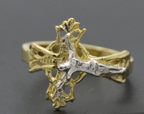 Real 10k Two-tone Solid Gold Shiny Jesus Cross Charm Kids Ring 1.1 gr Size 3.5